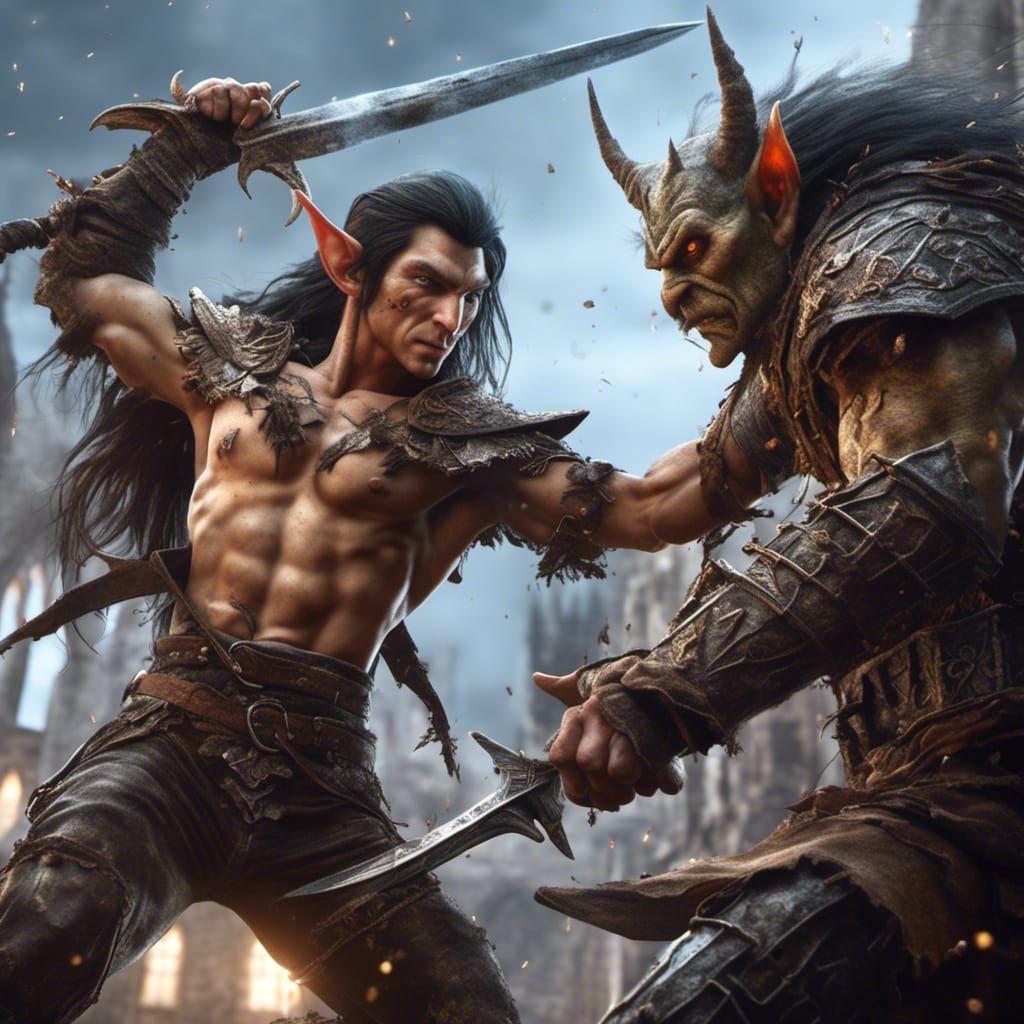 Elf Warrior Fighting Orc in Hyperrealistic Medieval Scene