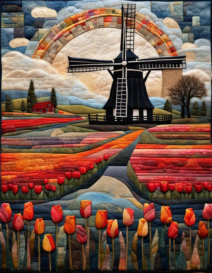 Dutch Windmill Fabric Collage with Tulip Fields