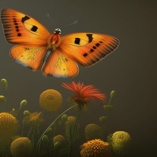 Copper Butterfly on Thistle: Surreal Digital Art
