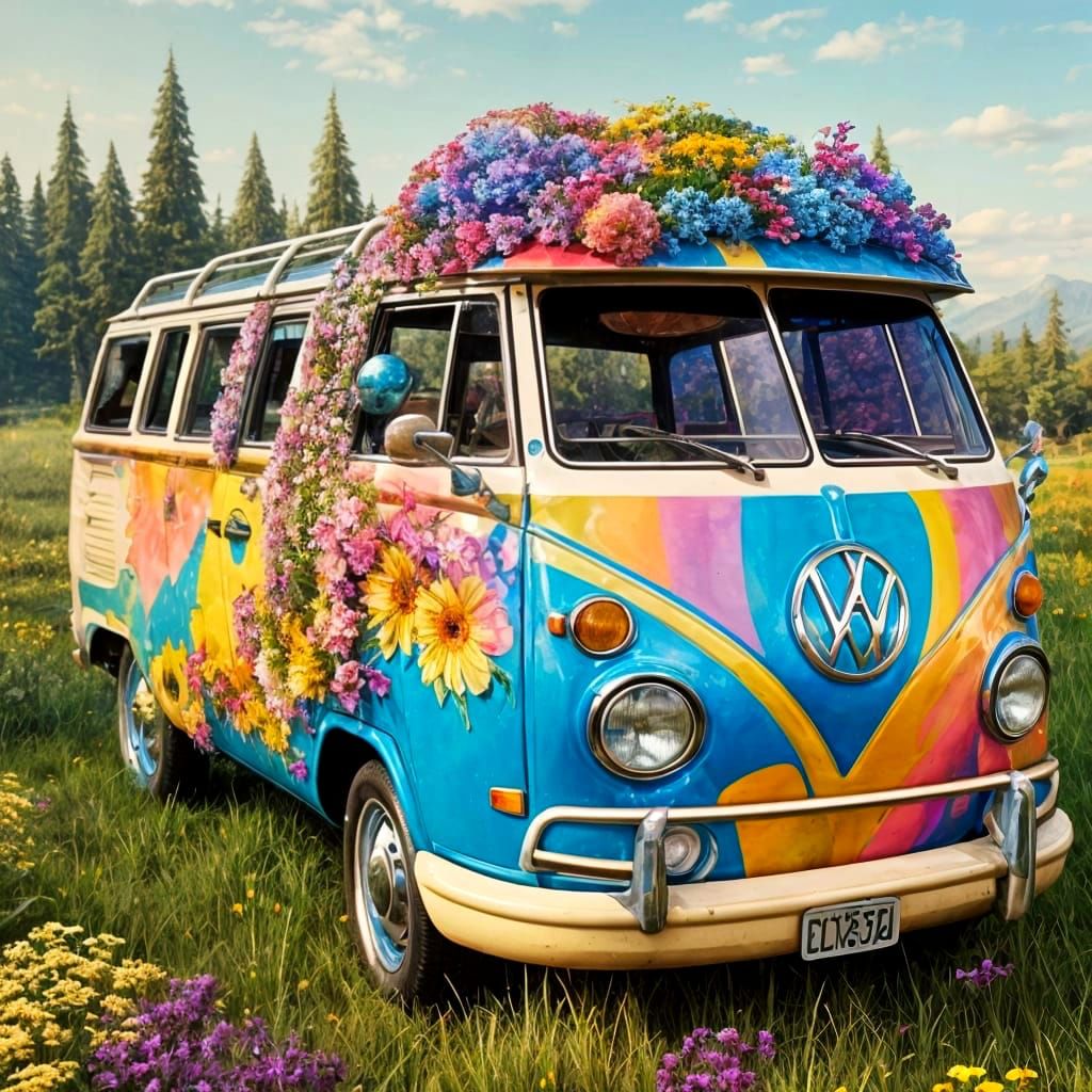 Flowery 70s VW Hippie Van in Comic Book Style