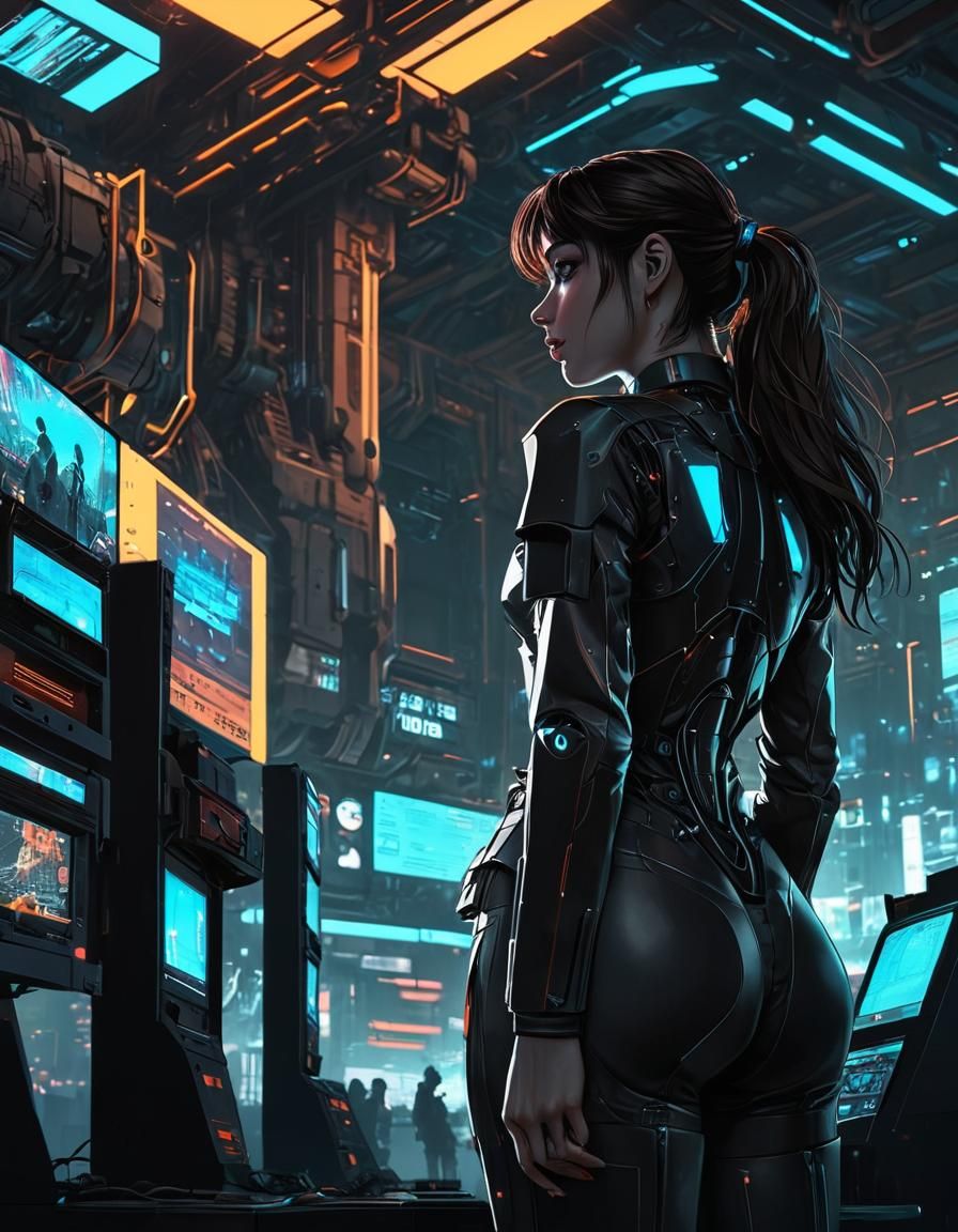 Woman in Cyberpunk VR Observing Industrial Complex