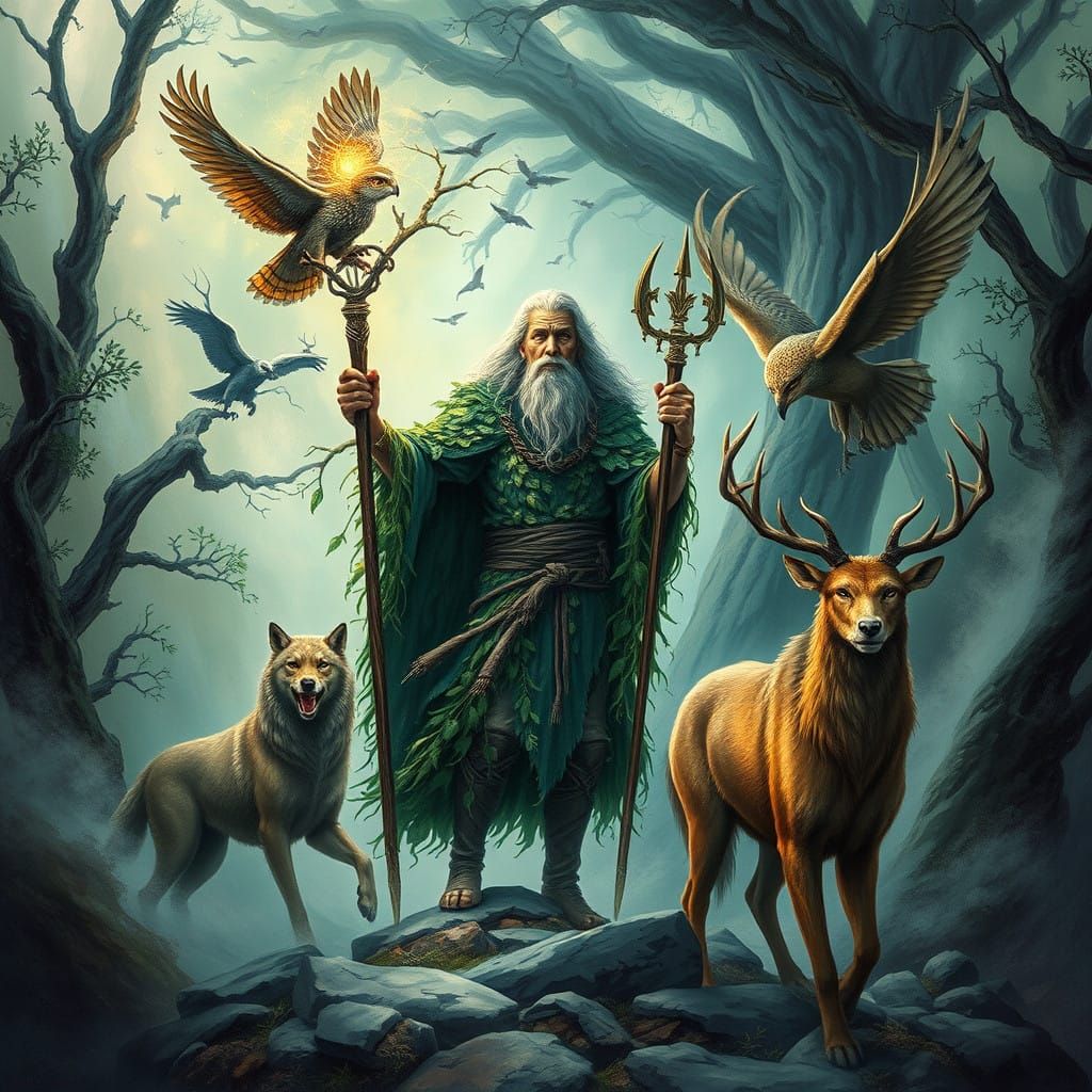 Mystical Druid Confronts Nature's Fury in a Vibrant, Etherea...