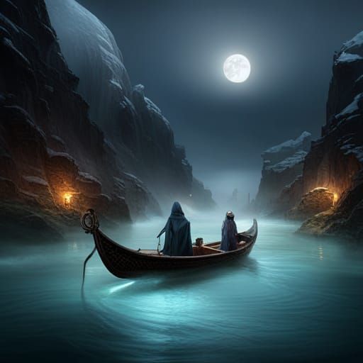 Mandala Boat on Shimmering River in Heavy Fog