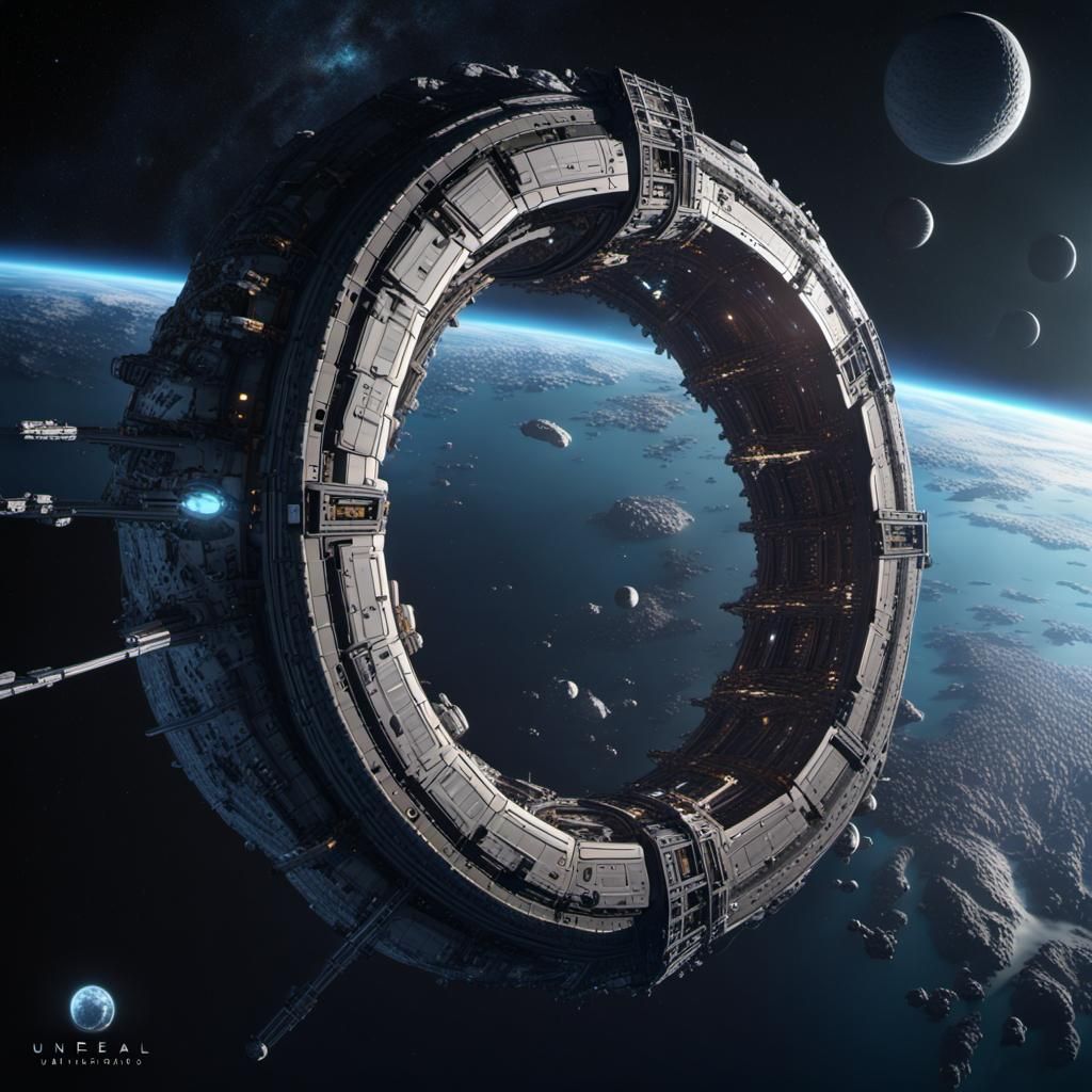 Torus Space Station over Water World: Fantasy Concept Art