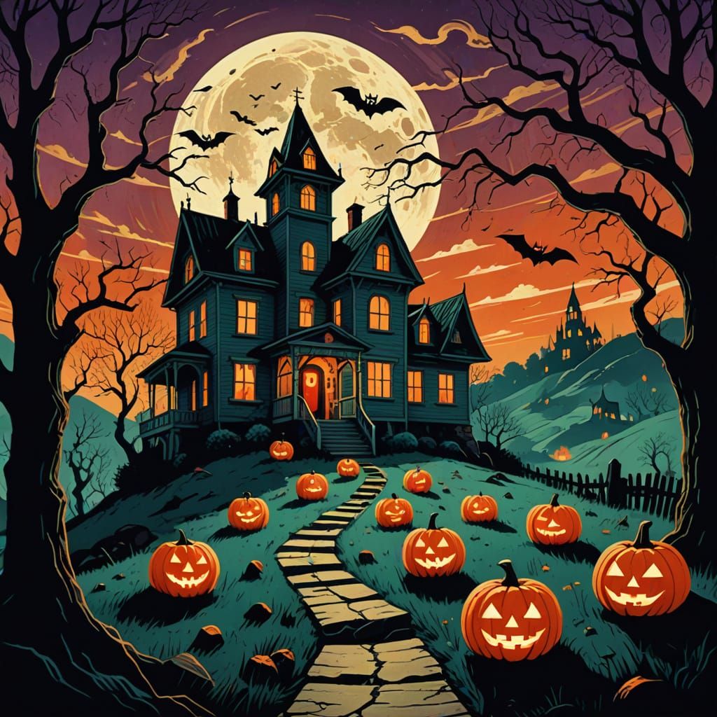 Retro Halloween Horror: Haunted House & Trick-or-Treaters