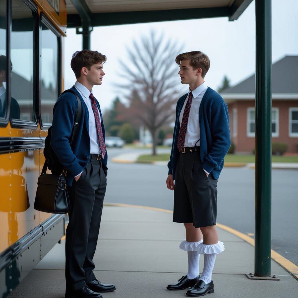 Student in Frilly Socks at Bus Stop