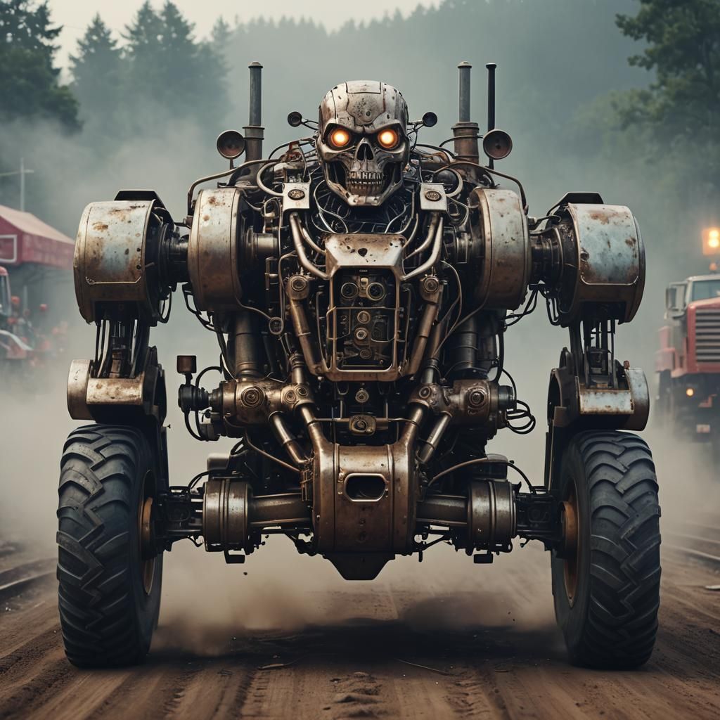 Creepy Robot Tractor Pull in Sci-Fi Style
