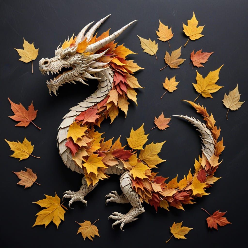Dragon Formed from Dried Leaves in Whimsical Style