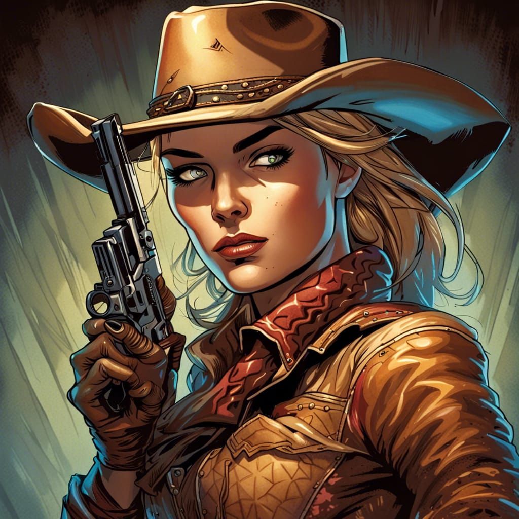 Female Cowgirl Gunslinger Portrait in Comic Book Style