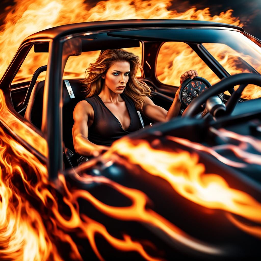 Flaming Racecar Driven by Woman in Hyperrealistic Style