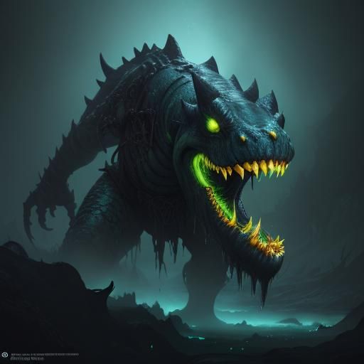 Bioluminescent Monster Emerging from Shadows: Fantasy Art