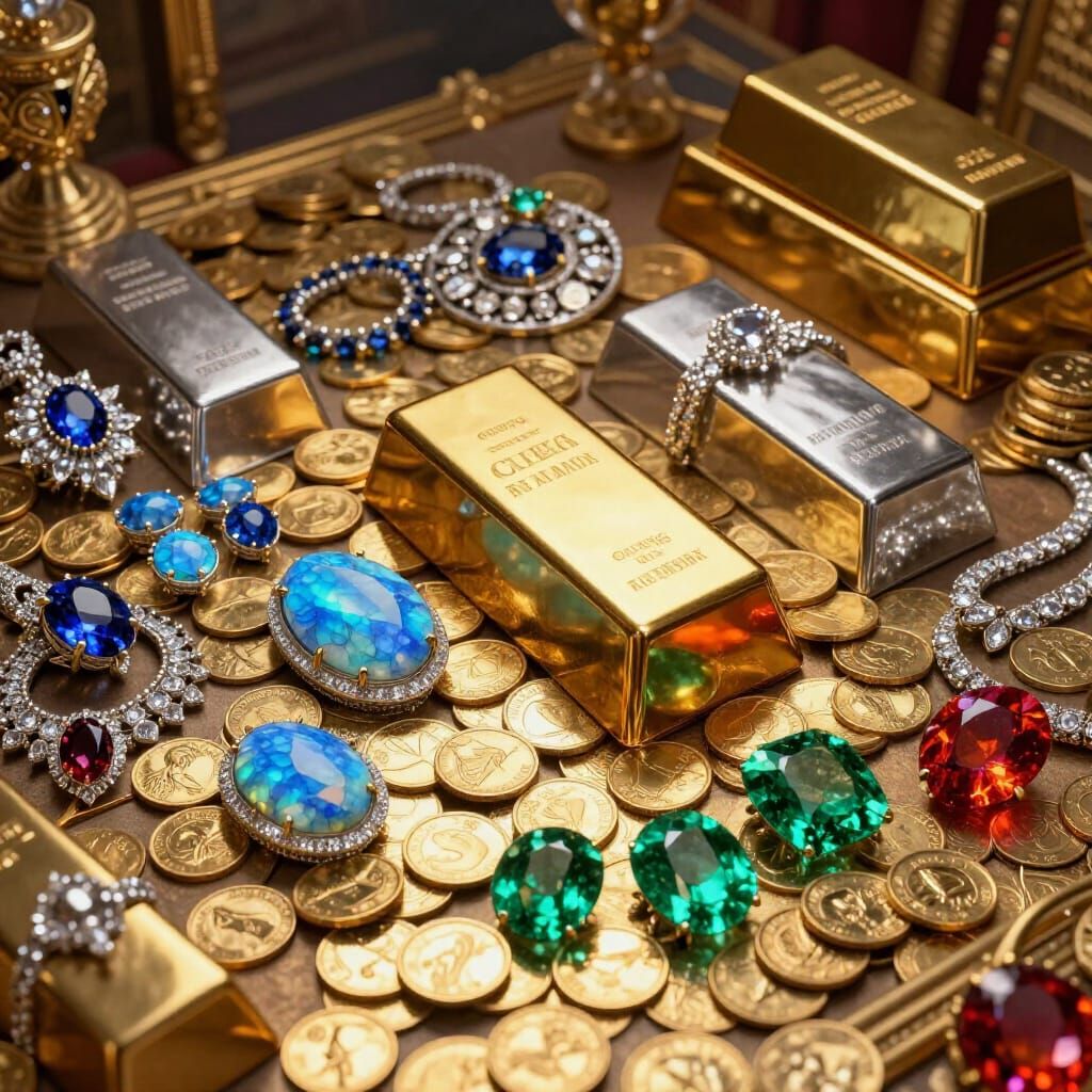 Opulent Treasure Room Filled with Gold, Gems, and Jewelry