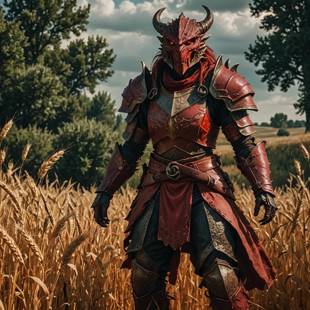 Dramatic Film Still of a Red Dragonborn in Wheat