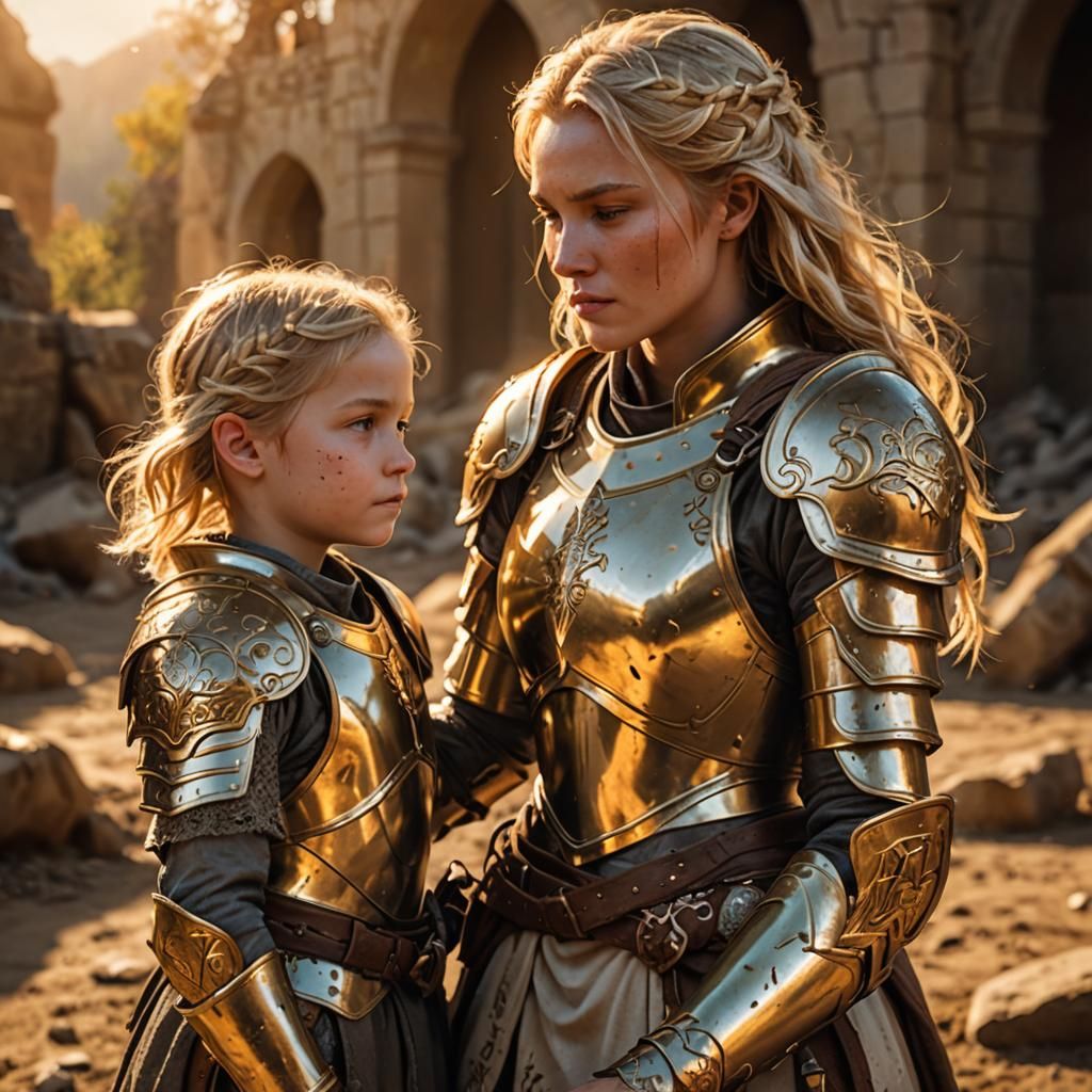 Fantasy Paladin Helping Child: Golden Hour Digital Art