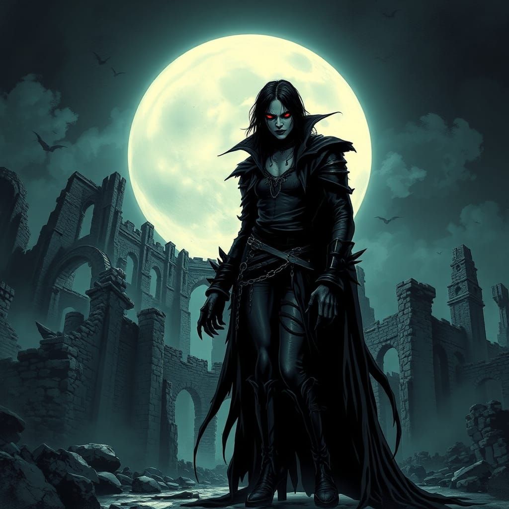 Gothic Vampire in Castle Ruins Under Moonlight