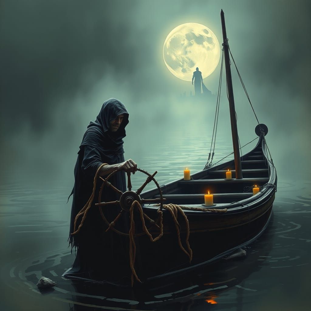 Charon Navigates the River Styx in Dark Surrealist Style