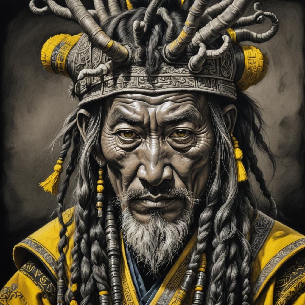Mini Mongolian Warrior Portrait in Charcoal