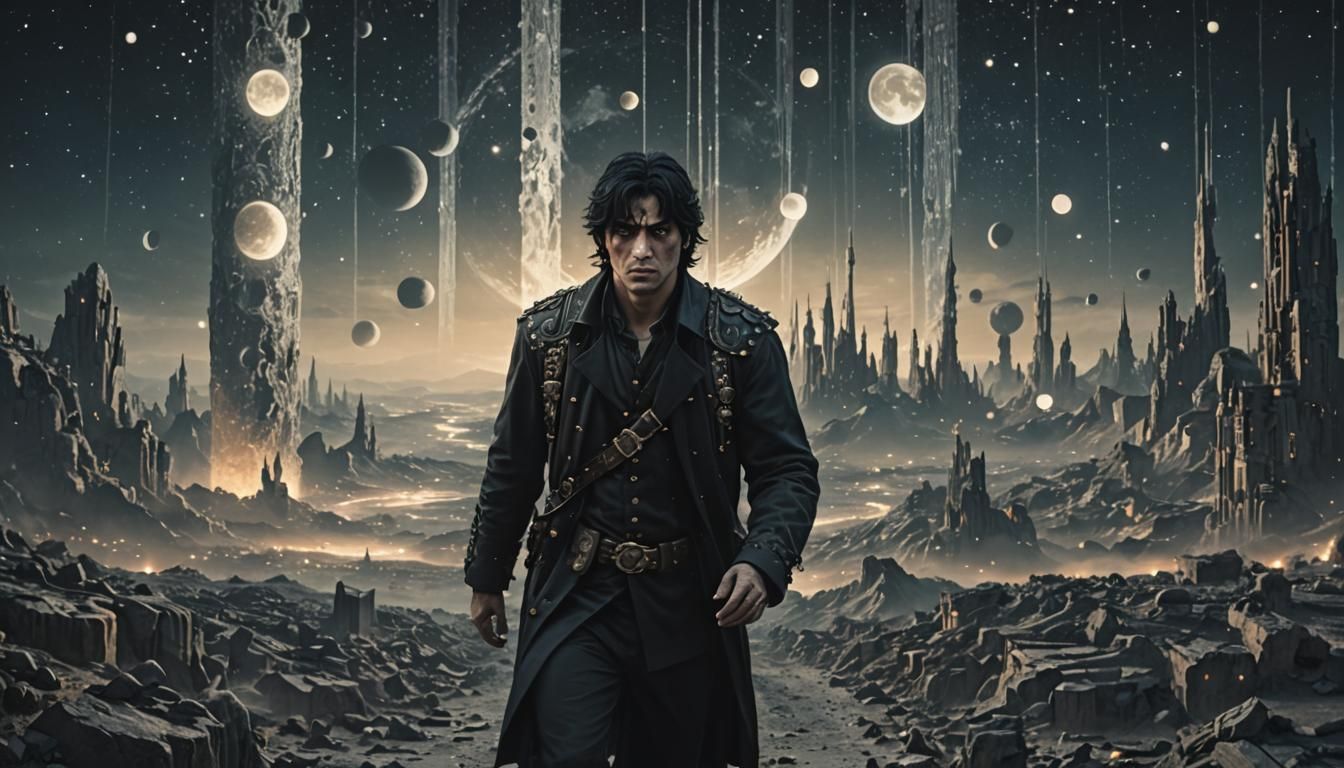 Epic Night: Man Walks on World with Many Moons