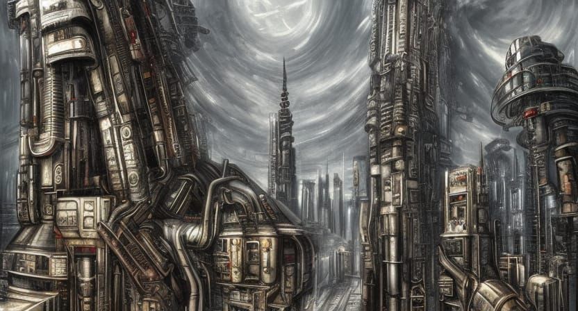Futuristic City Painting in Steampunk Mechanical Style