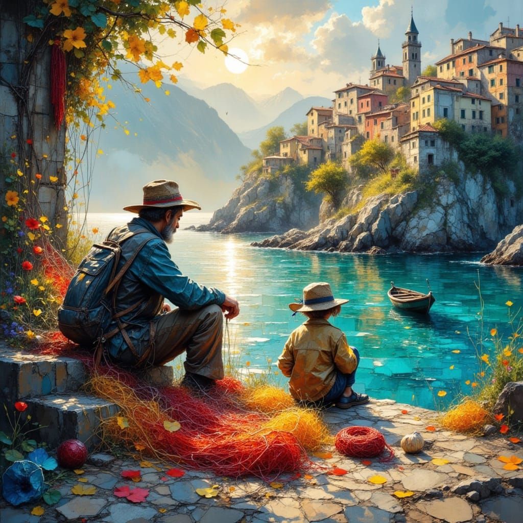 Fisherman and Son Mend Nets in Italian Village