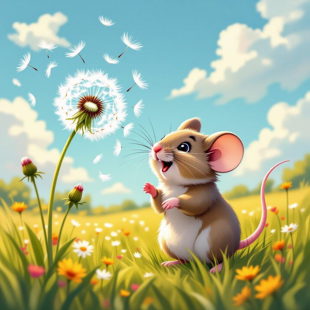 Mouse with Dandelion Seeds in Pastel Landscape