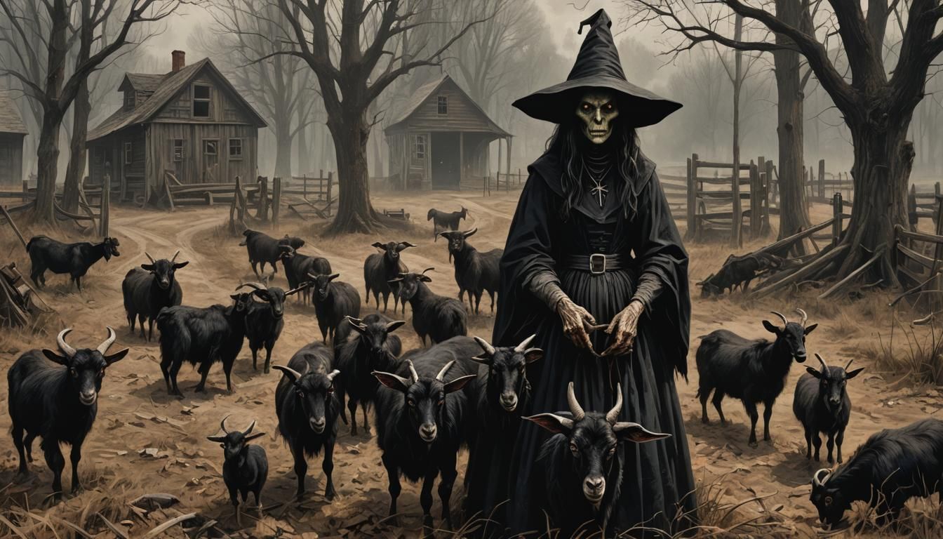 Sinister Black Goat in Salem: Folk Horror Witch