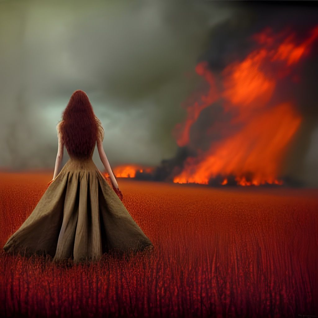 Burning Car in Field: Surreal Hyperdetailed Art