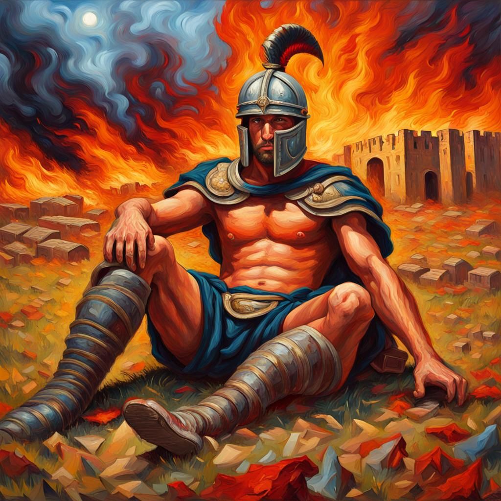 Gladiator in Burning Field: Neo-Impressionist Painting