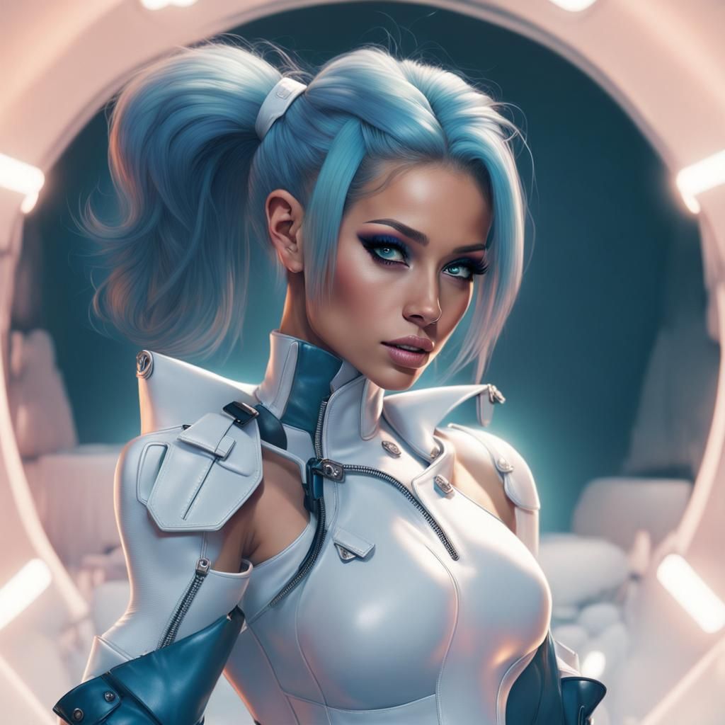 detailed beatiful hair cut Full body a cyber girls with ponytail wear white knee high high heel platform boots. Ariana g...