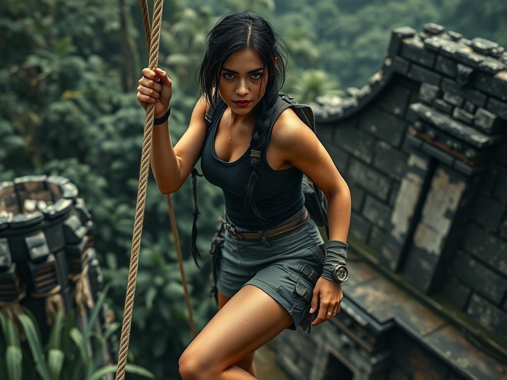 Lara Croft Style Climber Ascends Inca Jungle Ruin