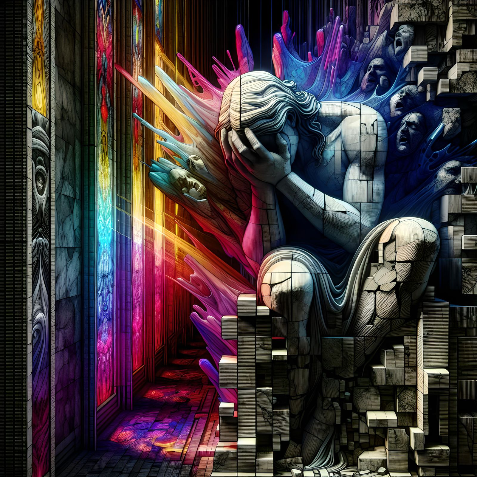 Melancholy Marble Sculpture with Stained Glass