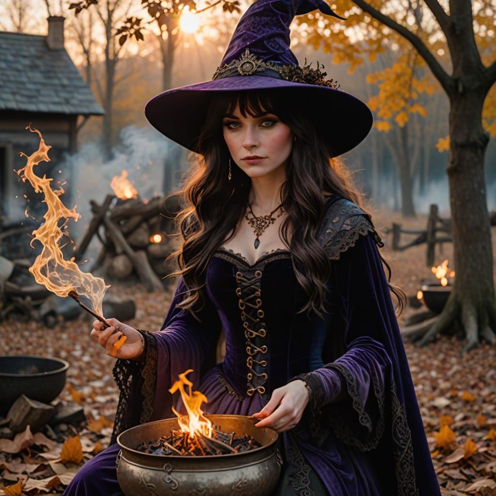 Witch Brews a Potion at Sunset in Fantasy Art Style