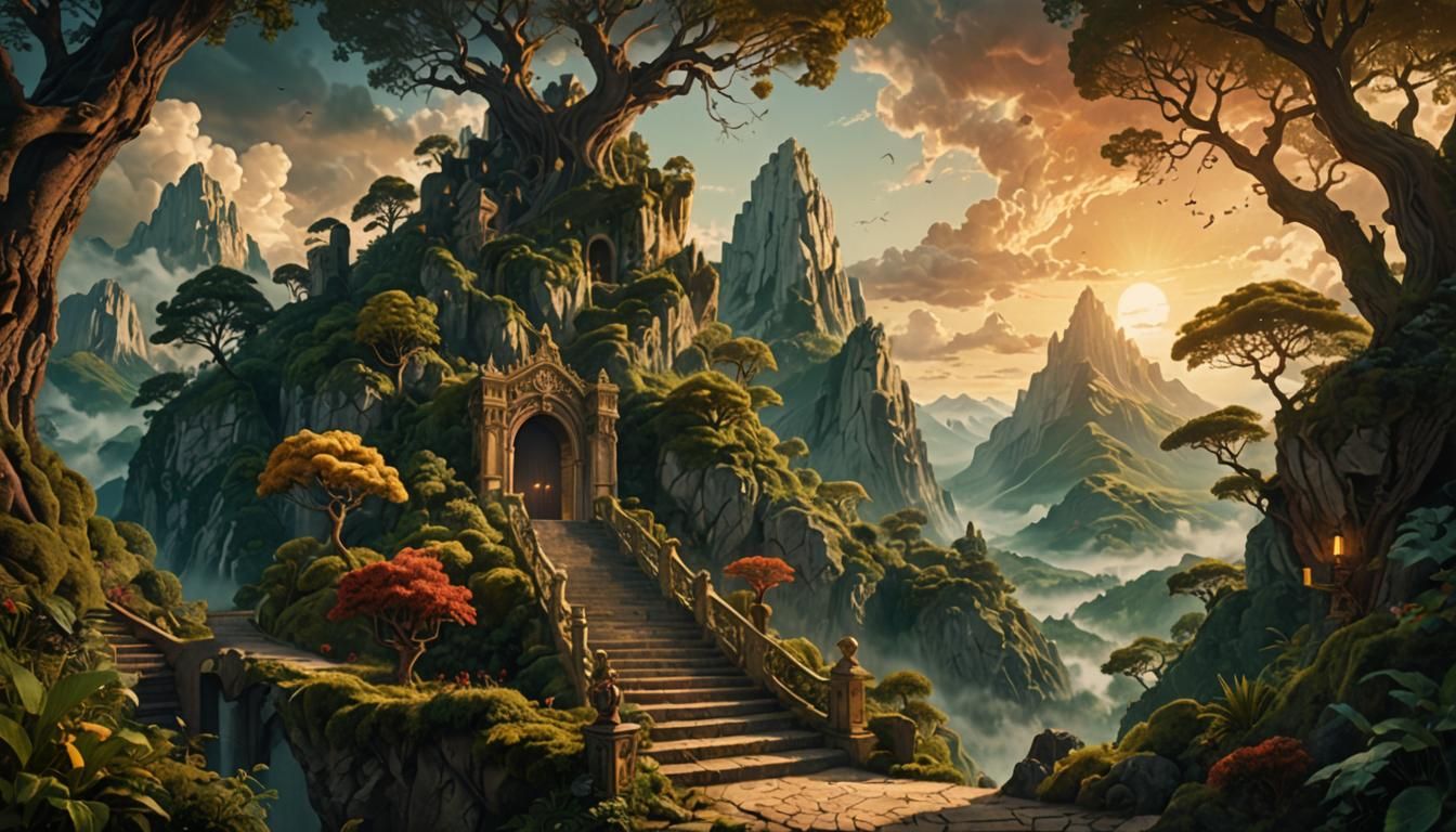 Dante's Ascent: Mystical Mountain in Detailed Fantasy Art