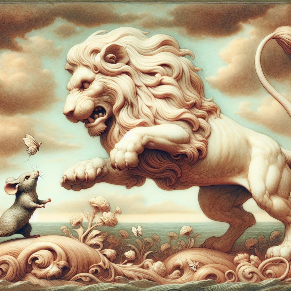 Mouse Chases Lion in Romantic Storybook Style