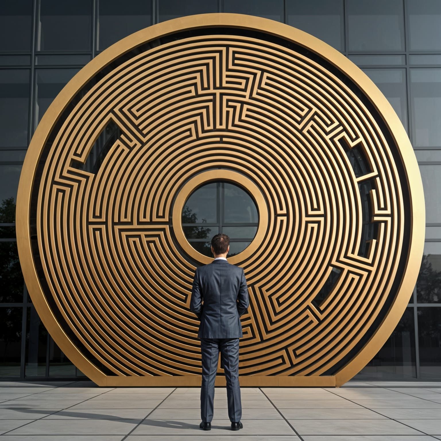 Businessman and Golden Labyrinth in 3D