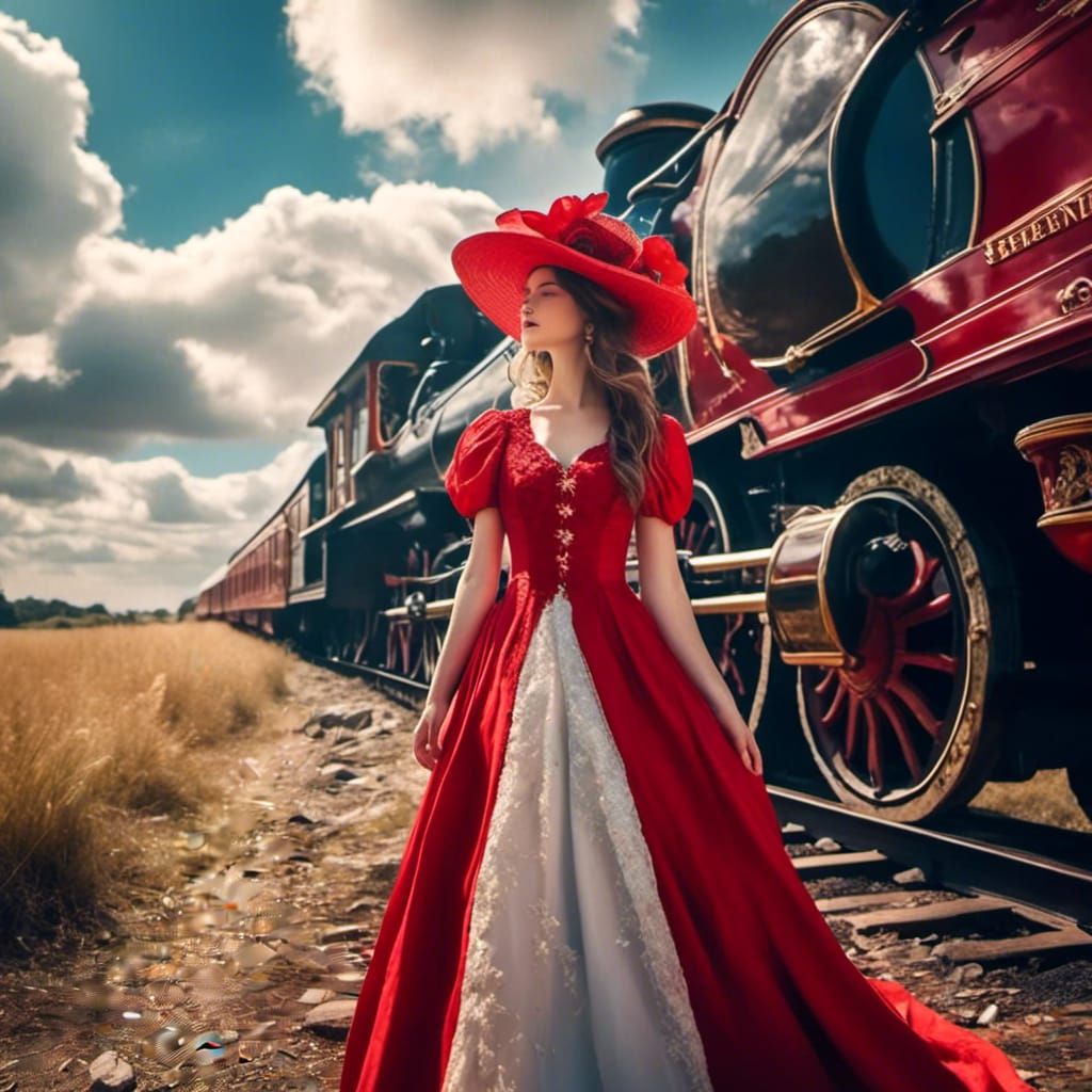 Victorian Lady Portrait With Steam Train and Birds