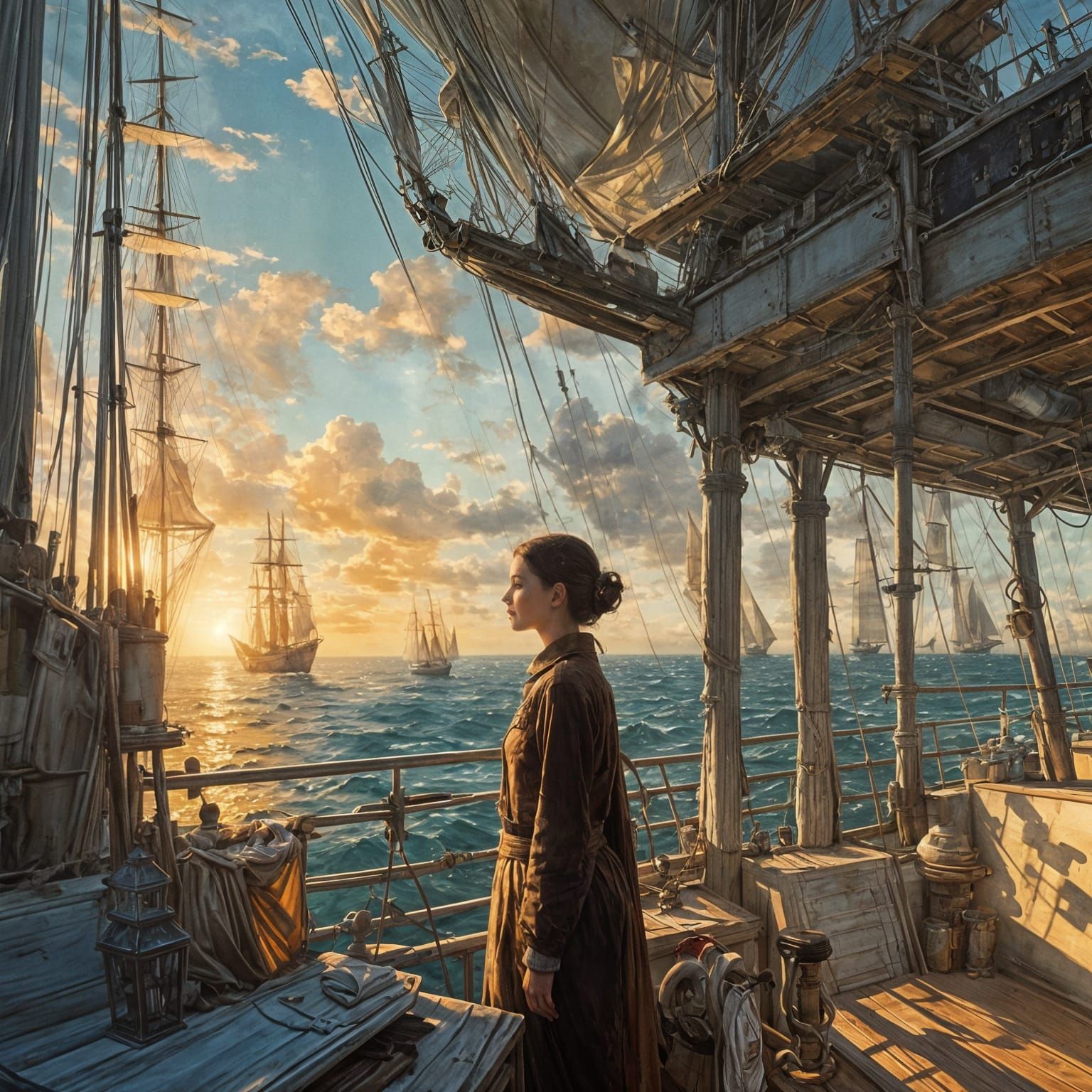 Woman on Sailing Ship, Breathtaking Seascape in Gouache Styl...