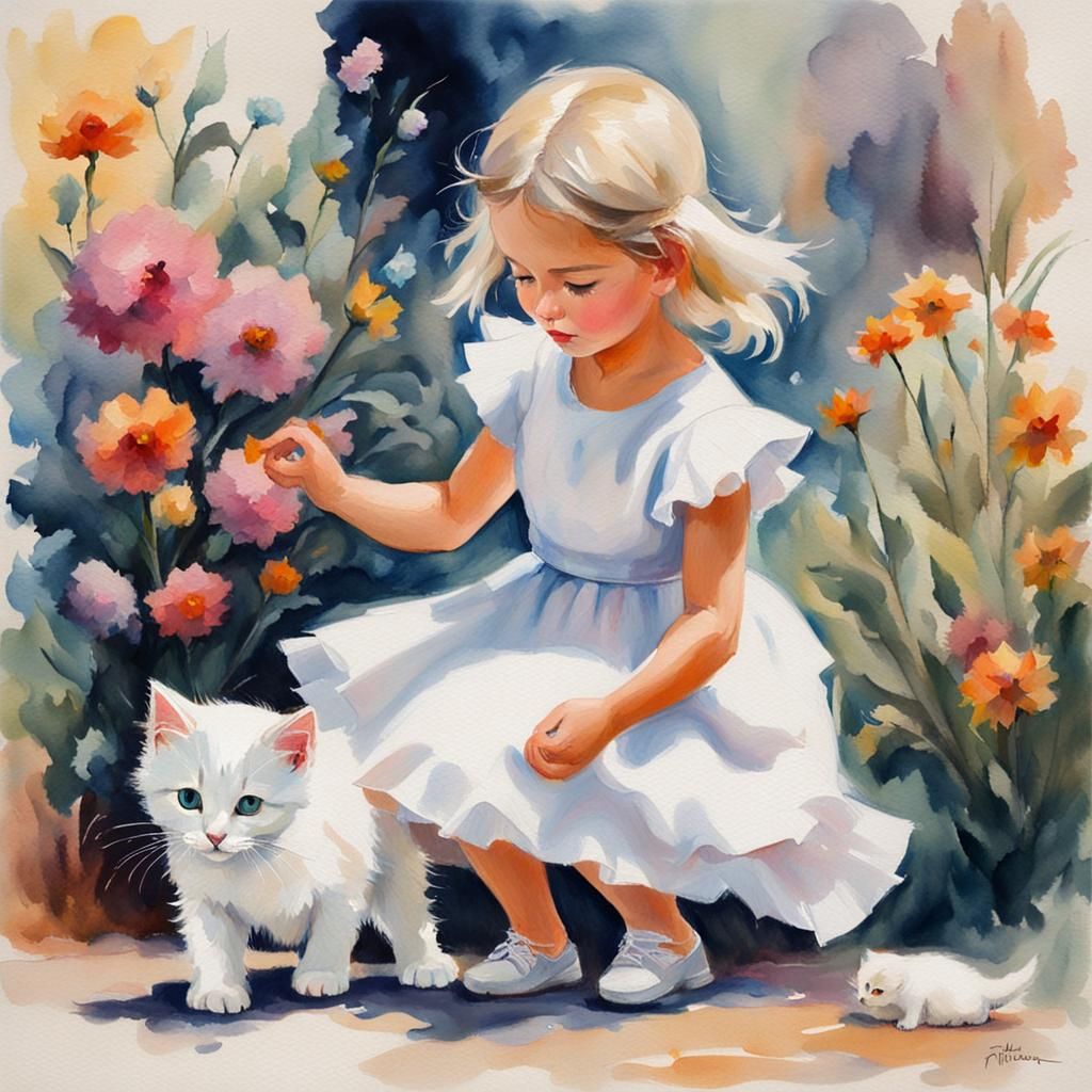 Kitten and Girl in White Dress: Gouache-Style Impressionism