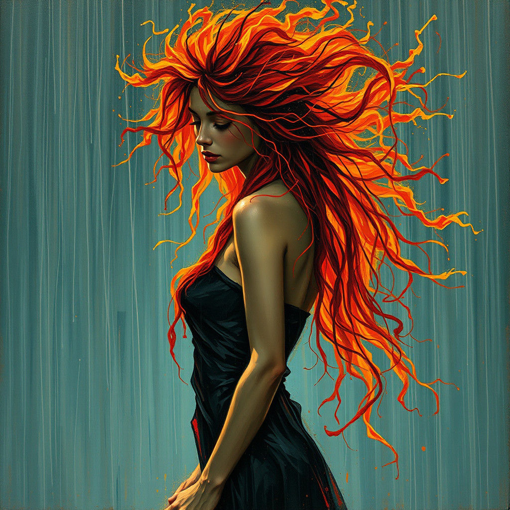 Electric Haired Woman in Torrential Rain, Expressive Paintin...