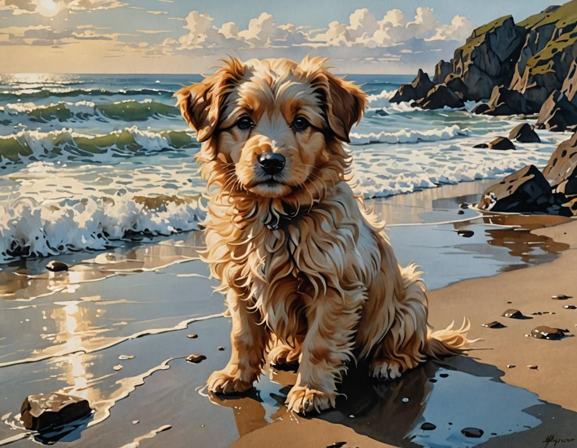 Vibrant Beach Scene in Hyperrealist Gouache Style