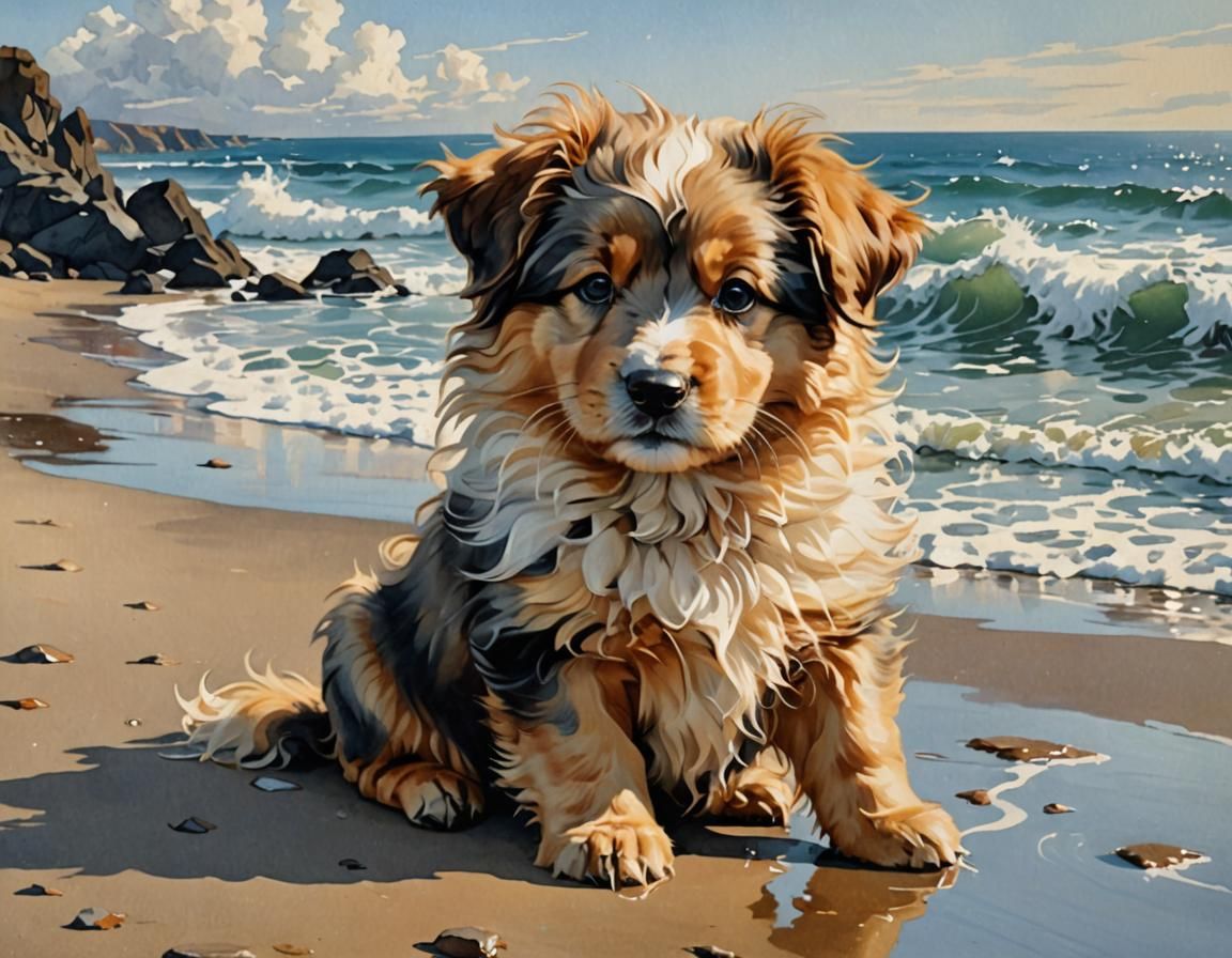 Puppy on Shore in Alphonse Mucha Gouache Style