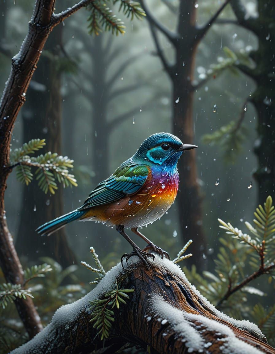 Vibrant Glass Bird in Winter Wonderland