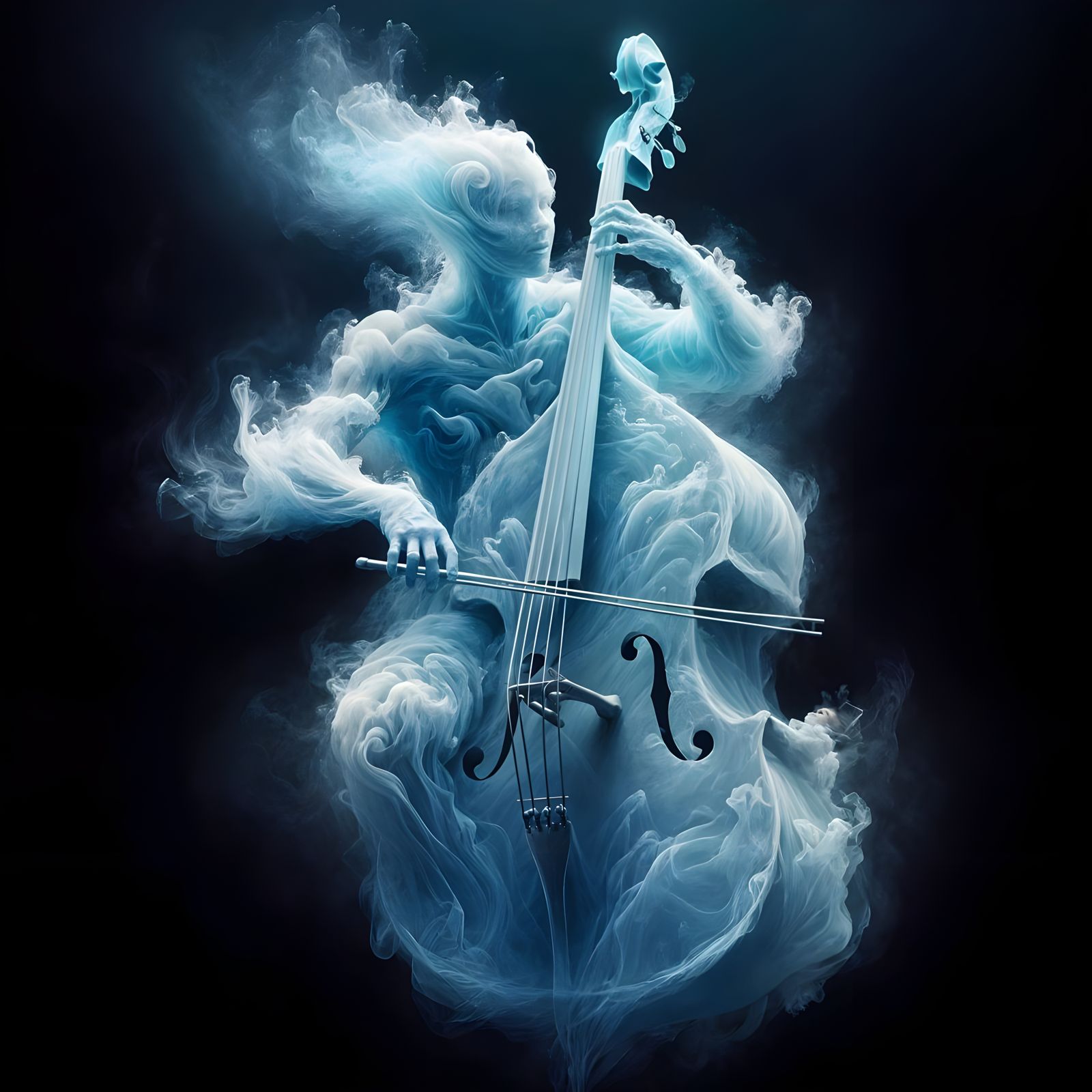 Spectral Musician Playing Blue Contrabass in Fog