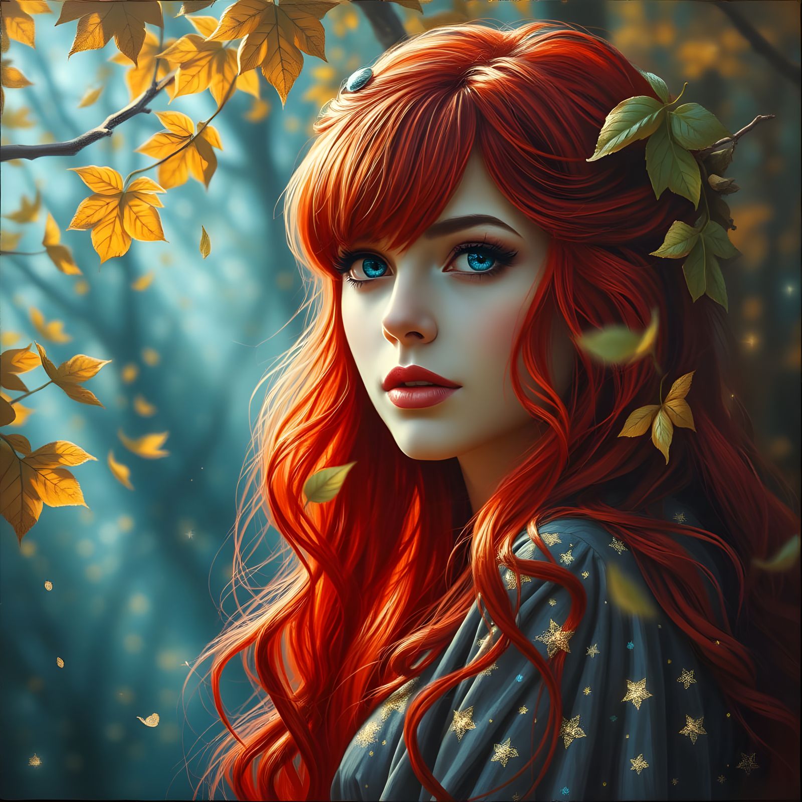 Surreal Goddess in Ethereal Forest Glows with Golden Lightin...