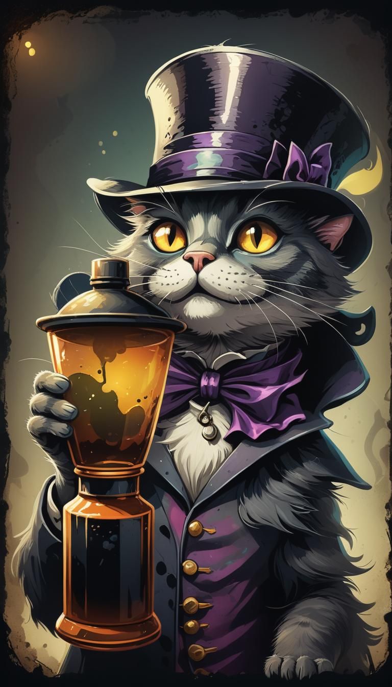 Cartoon Cat with Poison in Dark Illustration