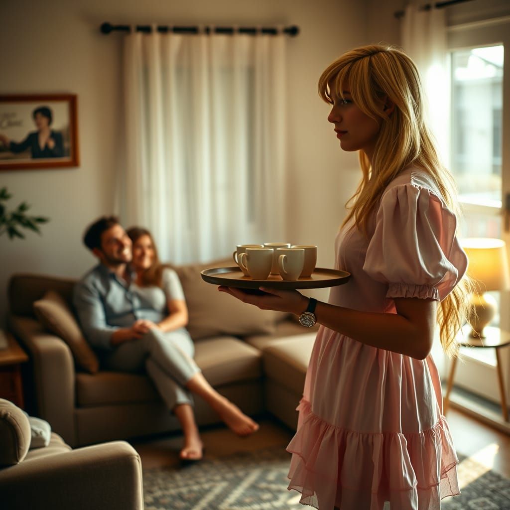 Young Man in Delicate Dress, Holding Coffee Tray in Intimate...