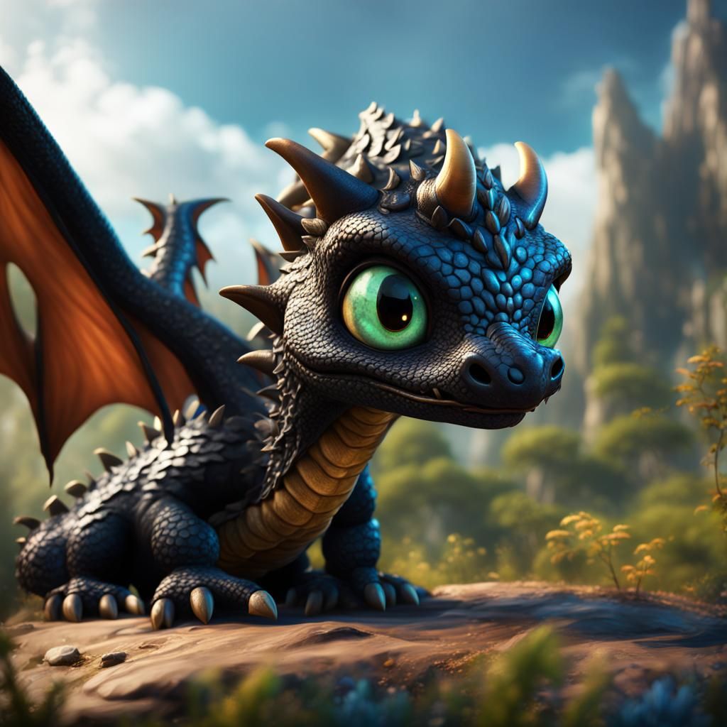 Cute Black Dragon with Big Head: Detailed Matte Painting