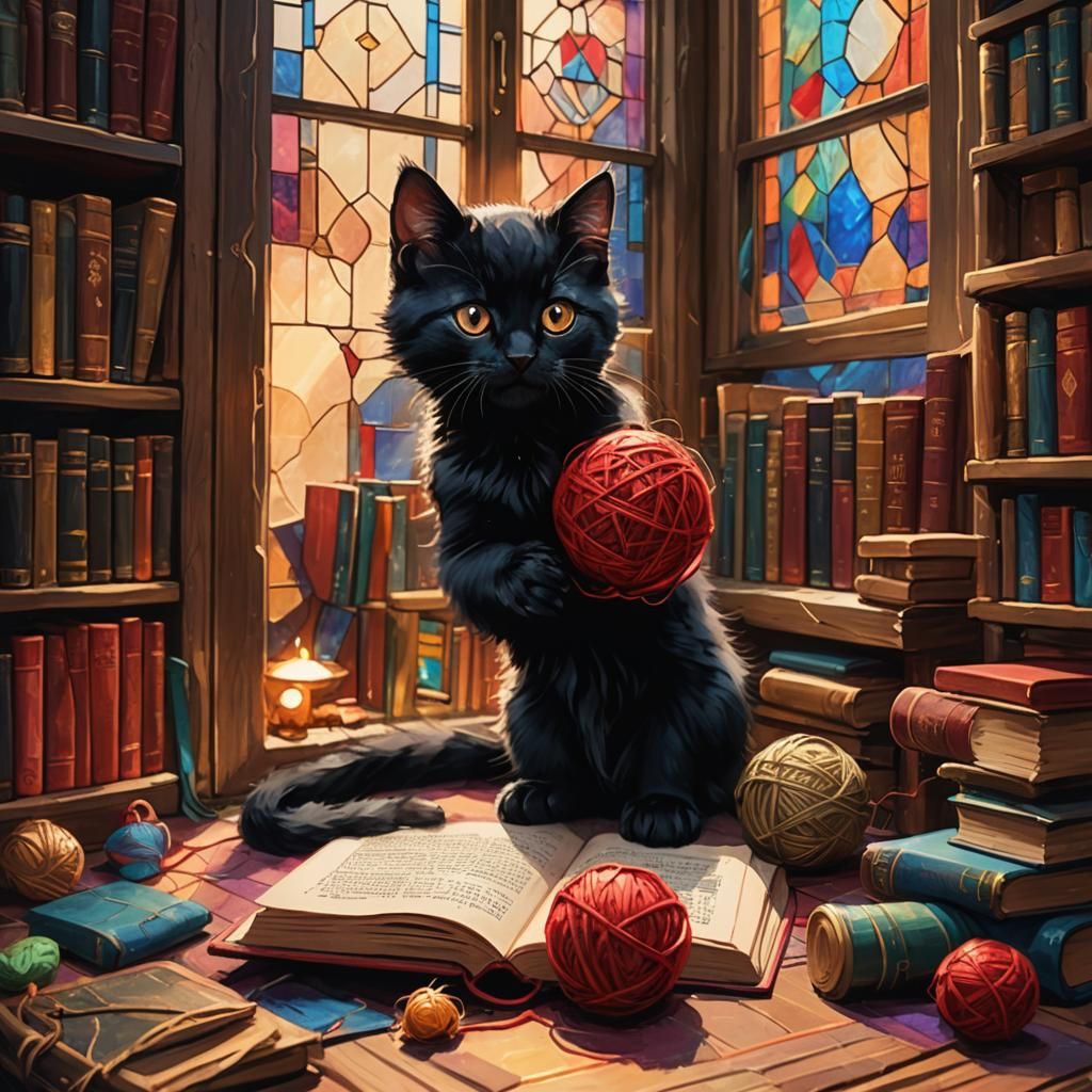Cozy Kitten in Library: Fantasy Concept Art