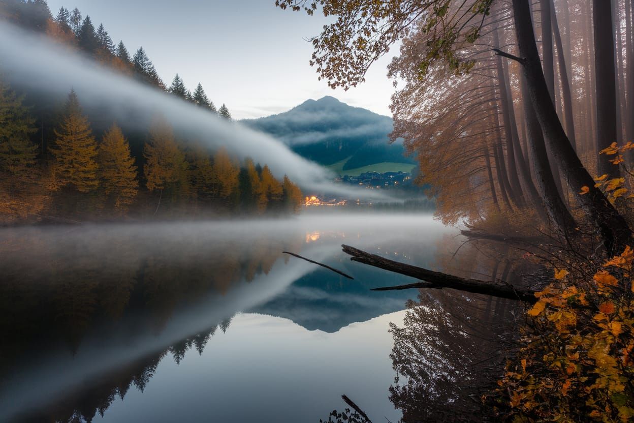 Misty Autumn Morning in Alpine Forest by a Lake