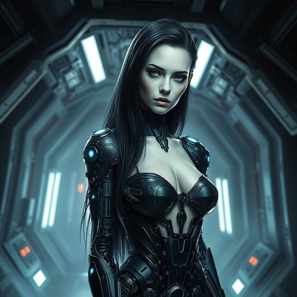 Cyborg Woman in Dark Sci-Fi Spaceship, Cybernetic Implants, ...